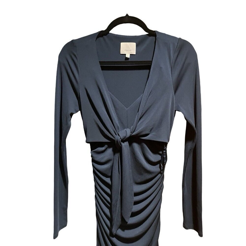 NEW Cinq à Sept Brenna Tie Front Long Sleeve Midi Dress Dark Teal Peacock Size 4 - Picture 12 of 14